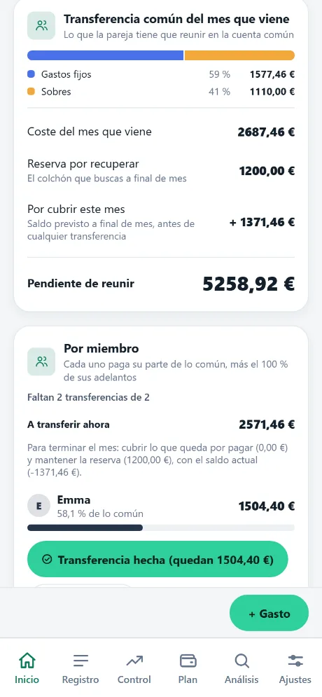 Pantalla Inicio de JustePart: la transferencia común del mes que viene y la parte de Emma, el 58,1 % del común.