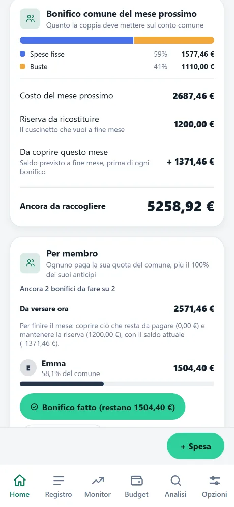 Schermata Home di JustePart: il bonifico comune del mese prossimo, poi la quota di Emma, il 58,1% del budget comune.
